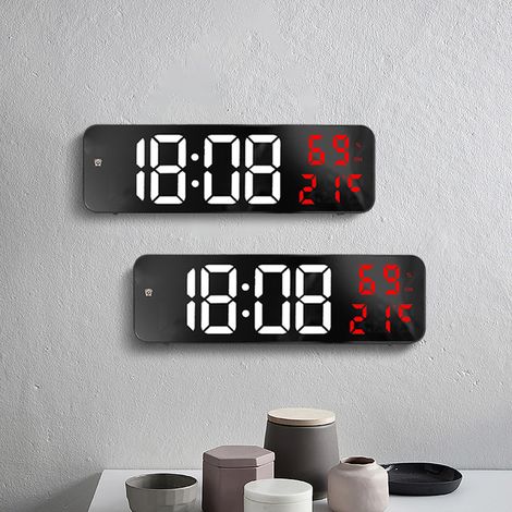 Réveil électronique avec grand écran miroir, socle LED numérique, horloge murale, version à brancher, boîtier noir, blanc et rouge. (1/5)