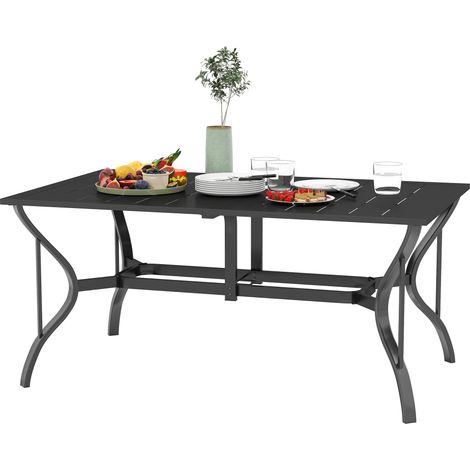 Table à manger jardin acier 150x90 cm noir trou parasol plateau lattes 6 personnes