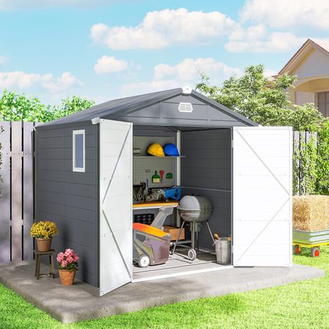 Casetta per attrezzi, casetta da giardino, ripostiglio con finestra di ventilazione, plastica, metallo, 240 x 190 x 180/228, grigio