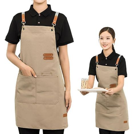 Tabliers en toile, tabliers de travail pour hommes et femmes avec grandes poches, tablier à dos croisé pour magasin, jardin, restaurant, café (1/5)