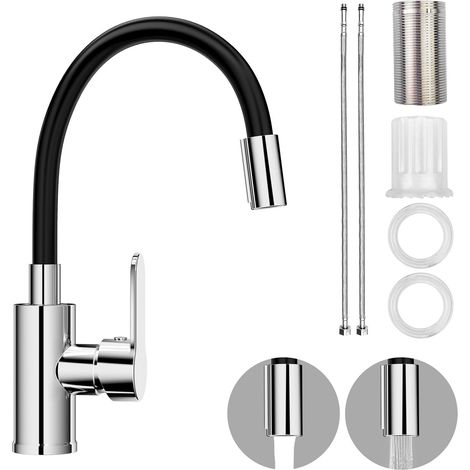 Robinet Cuisine Noir - 1 Pièce - Bec Flexible - Rotation 360° - Double Jet - Pour Évier (1/5)