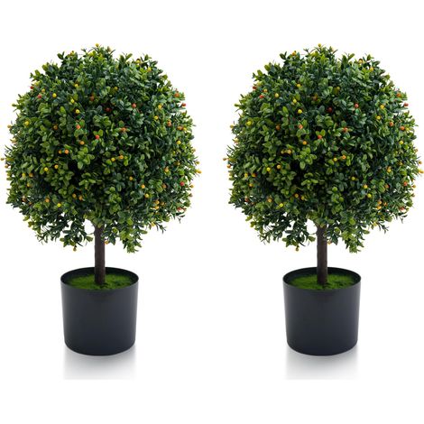 Lot de 2 boules topiaires artificielles en buis avec fruits – Plantes décoratives réalistes en pot – Idéales pour intérieur, jardin ou porche – Sans entretien – Vert foncé – Avec fruits 50 cm (1/5)