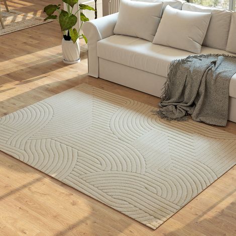 Wohnzimmerteppich 200 x 140 cm, dickfloriger, geometrischer Teppich, weich und rutschfest, cremefarben (1/5)