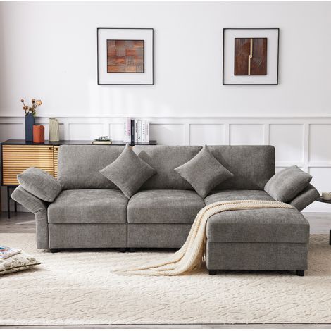 Sofá esquinero modular de chenilla gris 218 x 156,5 cm con puf móvil, 3-4 plazas - CHICFURN (1/5)