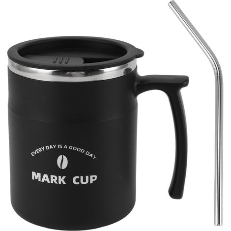 Großer, auslaufsicherer Edelstahl-Kaffeebecher, zwei Wasserflaschen mit Deckel und Strohhalm für Büro, Reisen und Zuhause, Farbe: Schwarz. (1/5)