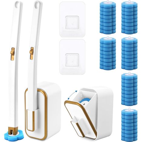 Brosse de Toilette Jetable, avec 48 Recharges Nettoyantes en Mousse, Suspendu Disposable Toilet Brush avec Manche et Support, pour Salle de Bain (1/5)