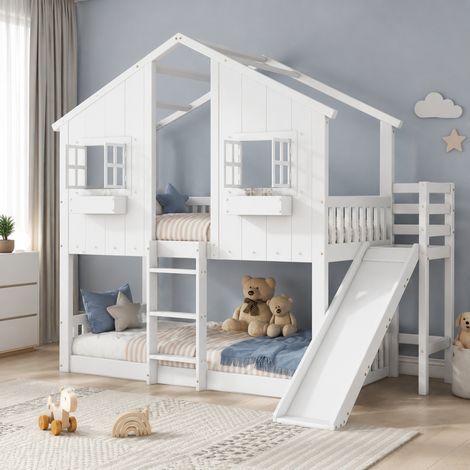 DESMIU Lit superposé enfant 90 × 200 cm avec toboggan, fenêtres, échelle, sans matelas, en bois massif et MDF, blanc (1/5)