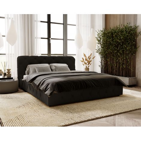 Emporius Lit double 140x200 cm Alise, lit glamour en velours avec sommier à lattes, Noir (1/4)