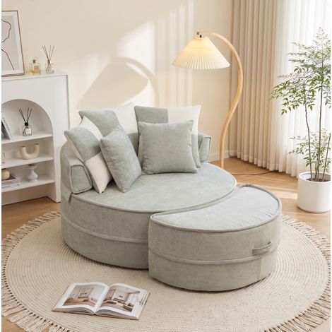 Fauteuil relax rond 121x106x66 cm vert menthe avec ottomane et 5 coussins, chenille, MEUBLIV (1/5)