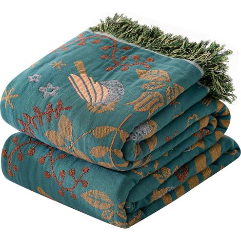 Jeté de canapé - Couvre-lit - Plaid - Couverture - Motif oiseaux et fleurs - 150 x 200 cm - Coton - Vert (1/5)