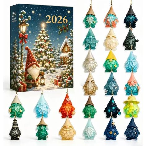 Nouveau calendrier de l'Aventure 2026 en verre de mer - Boîte surprise - Décoration de Noël - Cadeau de Noël - Gnome sapin enneigé - 3D