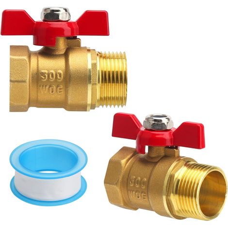 2 pièces vanne à bille en laiton 3 4 pouces filetage intérieur extérieur 6 points, robinet d’arrêt pour tuyauterie d’eau avec poignée papillon rouge, ruban PTFE inclus 4 m 14 mm 0,075 mm (1/5)
