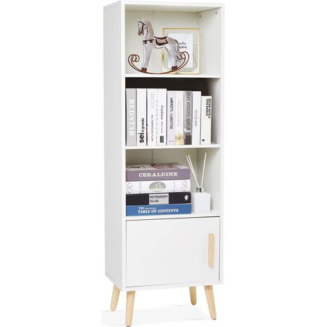 Bibliothèque Meuble de Rangement avec 1 Porte et 3 Casiers en Bois Style Scandinave pour Salon Chambre 42 x 30 x 127 cm Blanc H1071ST05WT (1/5)