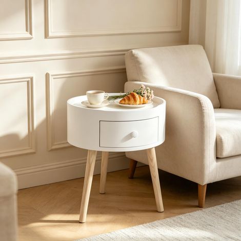 Table d'appoint ronde avec tiroir, table de rangement compacte, table d'appoint (table d'appoint uniquement) (1/5)