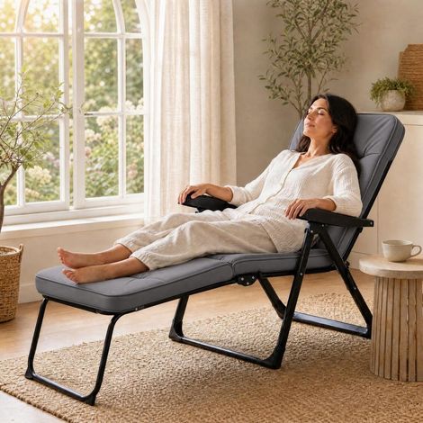 Matelas 9 cm Transat de Jardin Pliant Bain de Soleil Réglable Chaise Longue Extérieur avec Accoudoirs Gris (1/5)