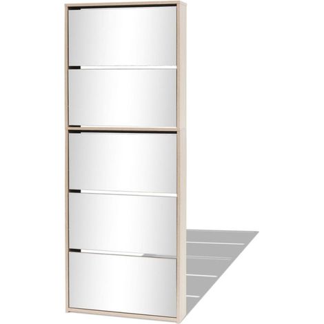 Armoire à chaussures 5 portes rabattables avec miroir Ranka H 170cm – Design moderne et élégant-Chêne clair (1/5)