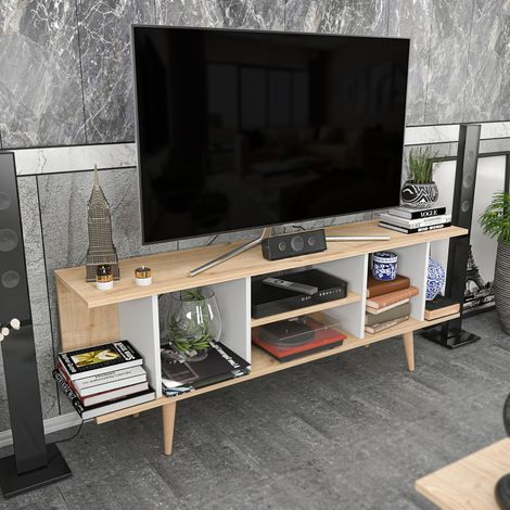 Decorotika Akya Meuble TV Meuble TV With Open Shelves TV Lowboard With Solid Wood Legs Up To 71 TV'S - Sapphire Oak Pattern And Blanc (1/5)