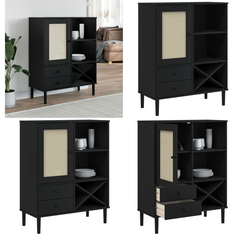 Highboard SENJA Rattan-Optik Schwarz 90x40x112 cm Kiefernholz - Sideboard - Wohnzimmertisch - Regal - Holz Sideboard - Schwarzer Highboard - Home & Living (1/5)