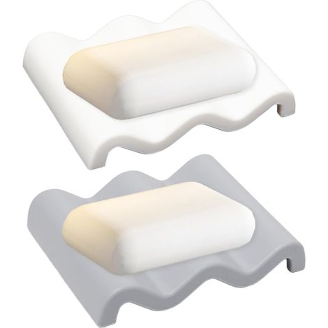 Porte-savon en silicone 2 pièces Porte-savon en forme de vague avec égouttoir pour douche cuisine salle de bain (blanc et gris)