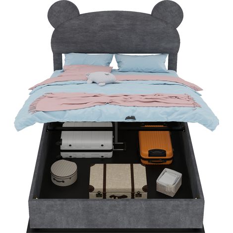 Lit moderne minimaliste rembourré 140×200cm,tête de lit cartoon douce,base haut avec levage gaz,rangement,lit double sans matelas (1/5)