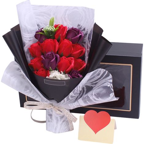Set Cadeau Anniversaire - Fleurs En Savon Et Bouquet De Roses - Boîte Cadeau Prête À Offrir - Rouge (1/4)