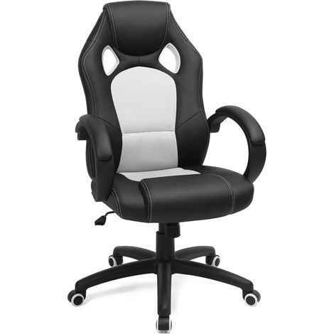 Fauteuil de Bureau Racing Fauteuil Gamer Confortable Hauteur réglable avec Dossier inclinable Accoudoir Repose-tête Pivotant 360 degrés Similicuir Noir-Blanc (1/5)
