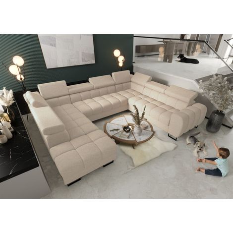 Wohnlandschaft Schlafsofa BASTIEN XL in Stoff Aragon Creme Ottomane Links