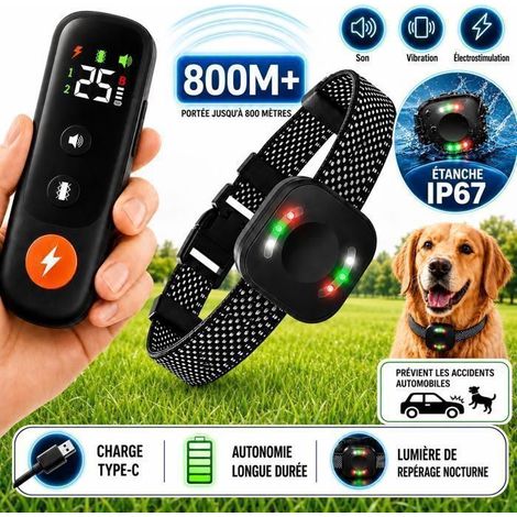 Collier Dressage Chien, 800M Étanche IP67, 3 Modes Rechargeable, Collier Anti Aboiement avec Télécommande Lumière Nuit, Noir (1/5)