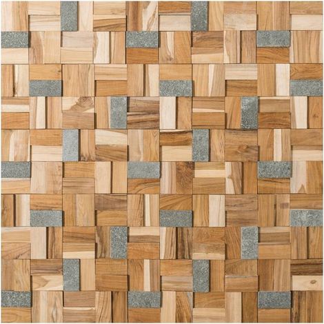 Decoon – Plaquette de parement en bois teck et pierre naturelle 0,96 m2 – Effet 3D – Installation facile sans joints – Pour décoration intérieure