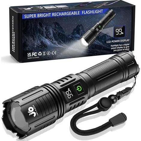 Linterna LED ultrabrillante de 1.000.000 de lúmenes, recargable con batería de 5000 mAh, potente linterna con un alcance de 1600 metros, 5 modos, zoom, resistente al agua IP67 para acampar y actividad (1/5)