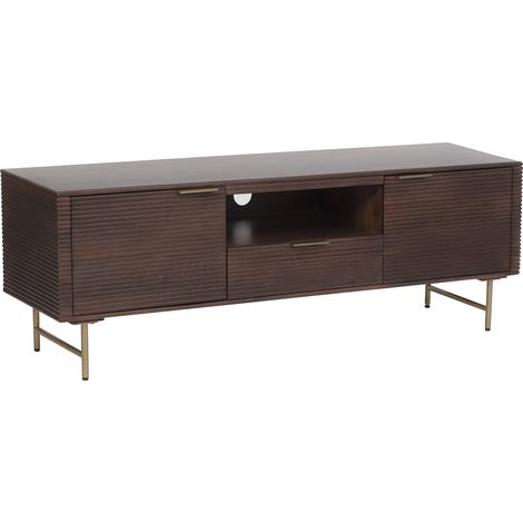 Meuble TV 2 portes, 1 tiroir et 1 niche en bois de manguier et métal doré - Naturel foncé - SORDANA de Maison Céphy (1/5)