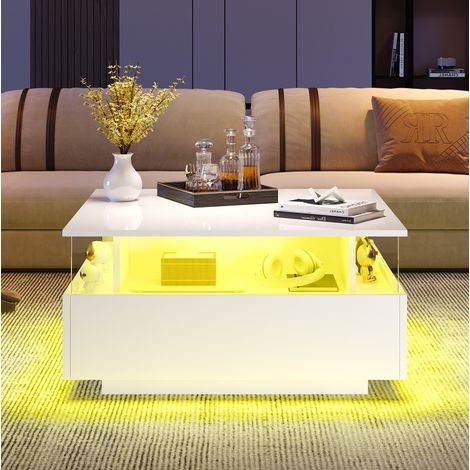 Table basse LED 70x70x41 cm blanche avec 2 tiroirs, zone vitrée, panneaux de particules MEUBLIV (1/5)