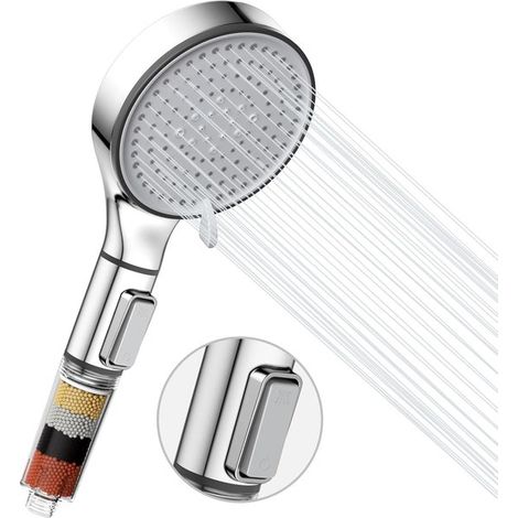 Soffione doccia filtrante con doccetta, 5 tipi di getto, soffione doccia ad alta pressione con filtro, doccetta estraibile con interruttore on/off, acqua di ricambio (1/5)