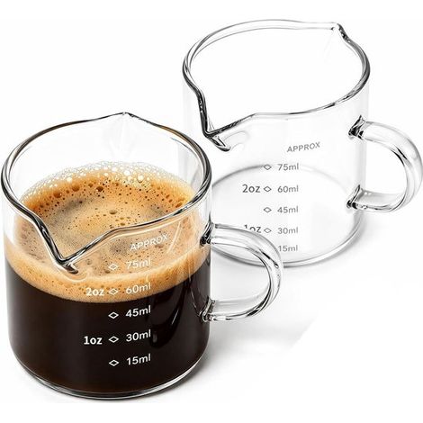 Lot de 2 verres doseurs en verre 75 ml, gradués, avec bec verseur en V, pour café, cappuccino, latte et autres boissons, transparents (1/5)