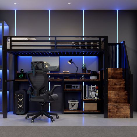 Lit Mezzanine 90x200 cm avec Rangements, Escalier Armoire, Étagères, LED, USB/USB-C, Garde-Corps - Métal - Noir (Sans Matelas) (1/5)