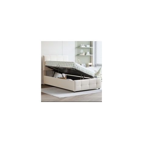 Lit coffre 90x200 cm, lit simple avec espace de rangement, tissu en Velours beige, sans matelas (1/5)