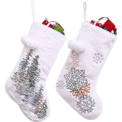 Chaussettes de Noël blanches élégantes, lot de 2, 45 cm de grandes chaussettes de Noël avec pompons, chaussettes familiales géantes ultra douces et moelleuses pour la décoration de Noël à suspendre. (1/5)