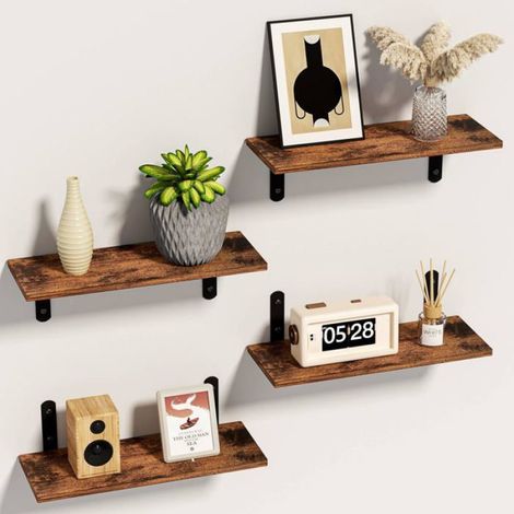Étagère Murale Bois, 4 Pièces Etagere Murale Cuisine, Etagere Flottante Murale Décoration pour Salon, Chambre (Marron et Noir) (1/4)