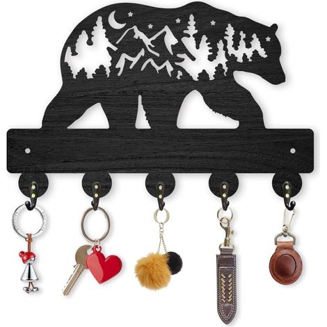 Porte-clés mural en bois avec motif ours et forêts, étagère murale décorative avec 5 crochets, support mural pour clés, sac, lunettes de soleil, installation facile pour entrée (1/5)