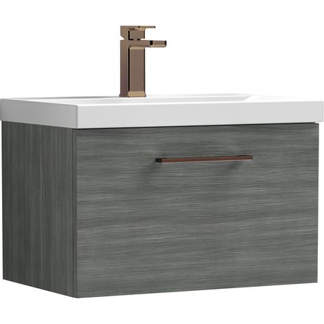 Balterley 600mm Wall Hung Bathroom 1 Drawer Vanity Unit & 1 Tap Hole Ceramic Basin, Woodgrain Anthracite & Brushed Bronze Handle (1/5)