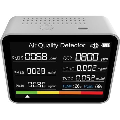 Monitor de calidad del aire 8 en 1: detecta CO2, COVT, HCHO, PM2.5, PM1.0, PM10, temperatura y humedad, con alarma. Ideal para el hogar, la oficina y el coche.