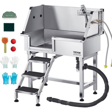 Baignoire de Chien Acier Inoxydable, Baignoire de Toilettage pour Animaux de Compagnie 87 cm Station de Lavage Chat, avec Escalier à Gauche, Robinet, Pommeau de Douche, Porte-savon, Porte Gauche (1/5)