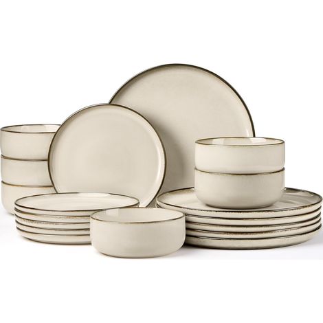 Service de table pour 6 personnes, 18 pièces, en grès résistant, rayures, assiettes plates, dessert, bols céréales, micro-ondes, lave-vaisselle, kaki récif (1/5)