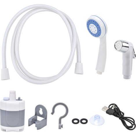 Douche portable extérieure rechargeable USB, pompe de douche manuelle pour camping et randonnée (Gris/Blanc)
