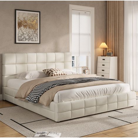Cama plataforma 180x200 cm de terciopelo beige con cabecero, sin colchón – MEUBLIV (1/5)