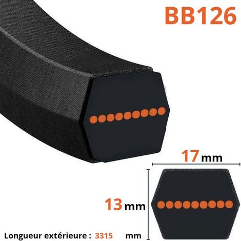 Courroie lame autoportée BB126 – Longueur extérieure 3315mm – Type hexagonal – Pour modèles GR1600 II et GR2100 II