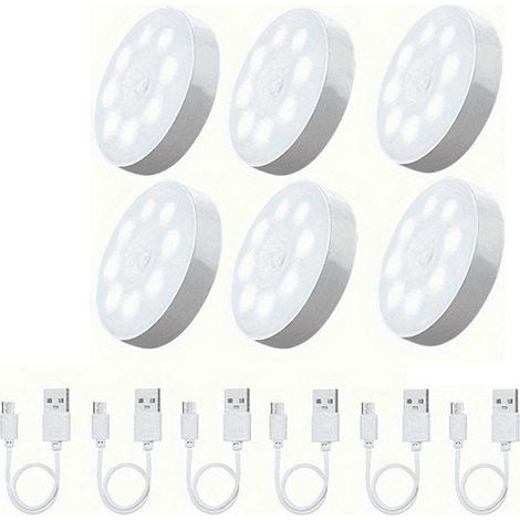 Lot de 6 lampes LED rechargeables USB avec détecteur de mouvement, éclairage d'intérieur à induction alimenté par piles pour placard, idéal pour la maison.