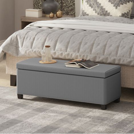 Banco de almacenamiento acolchado de 84 L, tapizado en pana gris, 112 x 42 x 40 cm, OKWISH (1/5)