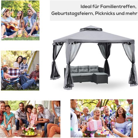 Pavillon de jardin 3x3m tonnelle de fête avec 4 parois latérales, résistant aux intempéries, structure en métal et polyester gris clair, idéal pour jardin et événements. (1/5)