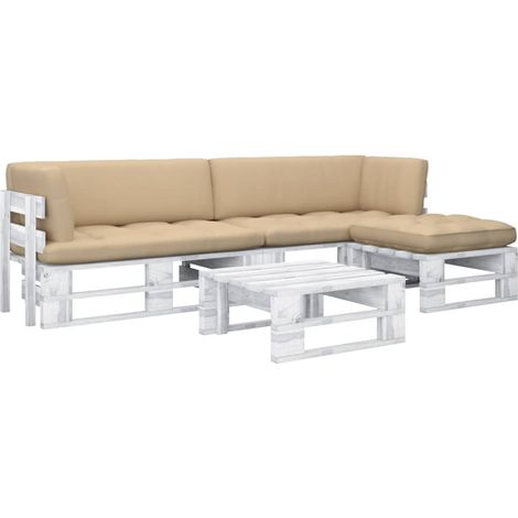 Salon de jardin palette 4 pcs et coussins Pin imprégné de blanc